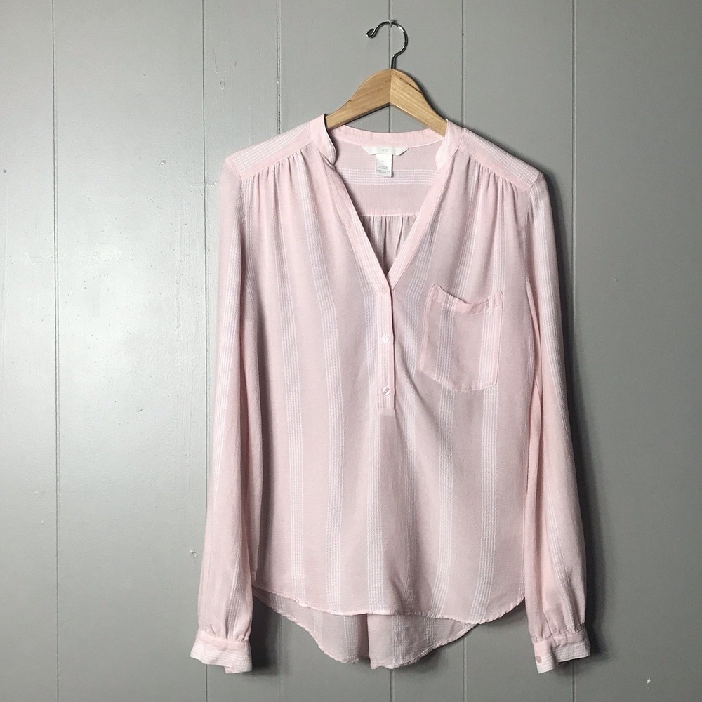 H&M BABY PINK HALF BUTTON POPOVER TUNIC BLOUSE LONG SLEEVE WOMENS SIZE 4